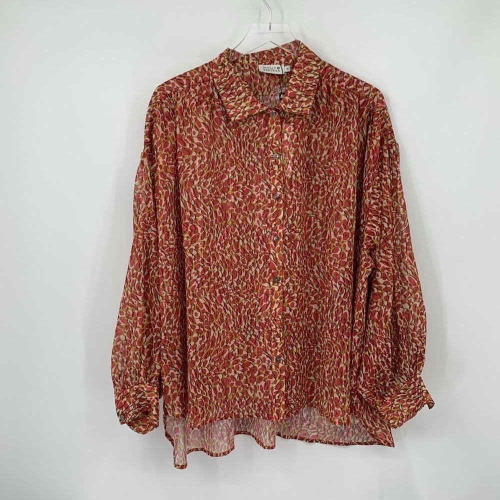 Molly Bracken boxy button blouse top shirt pink chiffon semi sheer gold new XL